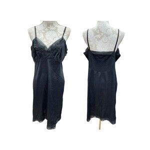 Vintage Van Raalte Black Nylon Slip Dress  1960s Suavette Lace Appliqué Size 40